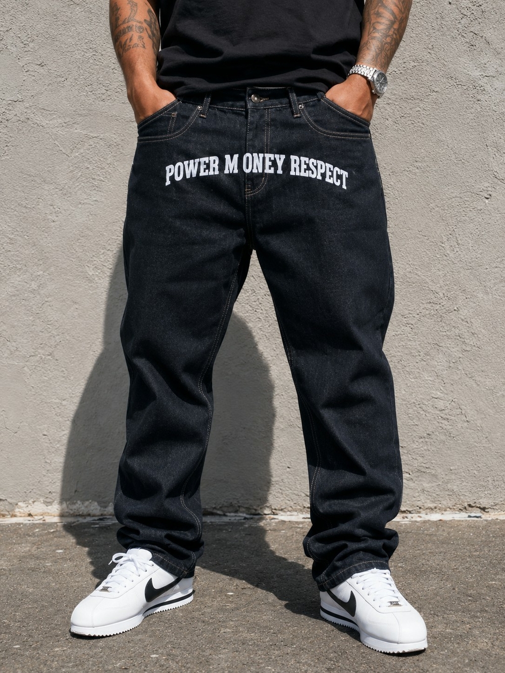 Relaxed Black Graphic Jeans with White Text